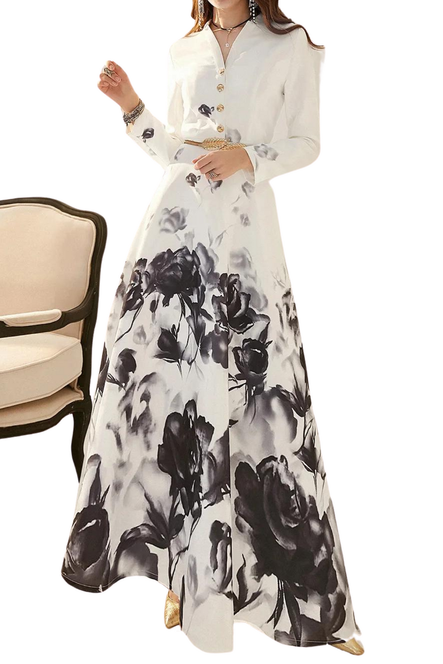 High Quality Slim Fit Elegant Retro Printed V-Neck Long Dress Long Sleeve No Belt / XL High Quality Slim Fit Elegant Retro Printed V-Neck Long Dress Long Sleeve No Belt / XL