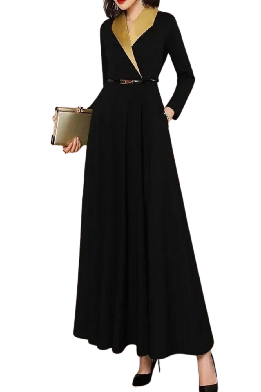 Elegant Long Sleeve Formal Dress with High Quality Midi Pocket Black / M Elegant Long Sleeve Formal Dress with High Quality Midi Pocket Black / M