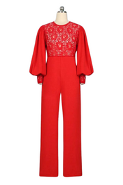 Sheer Lace Stitching Long Sleeve Flared Jumpsuits Wide Leg Pants