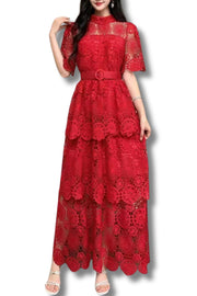 High Quality Lace Round Neck Short Sleeve Belt Bodycon Long Dress