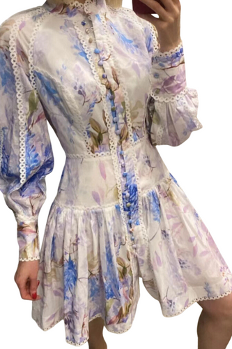 High Quality Floral Print Stand Collar Flare Sleeve High Waist Pleats A-line Cropped Dress