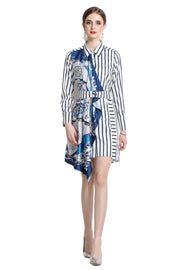 Striped Print Long Sleeve Dress, Silk Scarf Splicing Lace-up and High Quality Belt