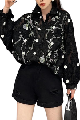 High Quality Single Breasted Sequin Jacquard Lapel Elegant Shirt
