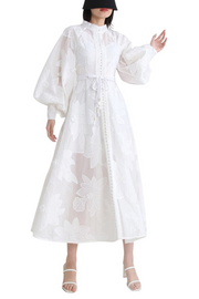 French Elegant Embroidered Round Neck Flare Sleeve Lace Up A-Line Dress High Quality