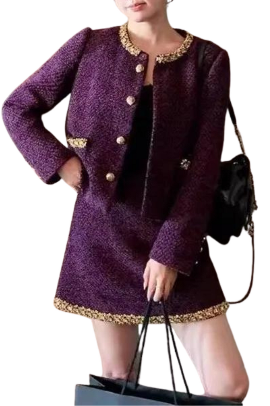 Elegant set of two Tweed jacket with round neck + short spliced skirt in high quality