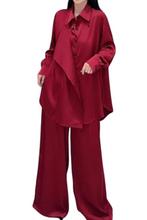 Red and Blue Solid Color Matching Loose Sets Long Sleeve Shirt+Wide Leg Pants High Quality