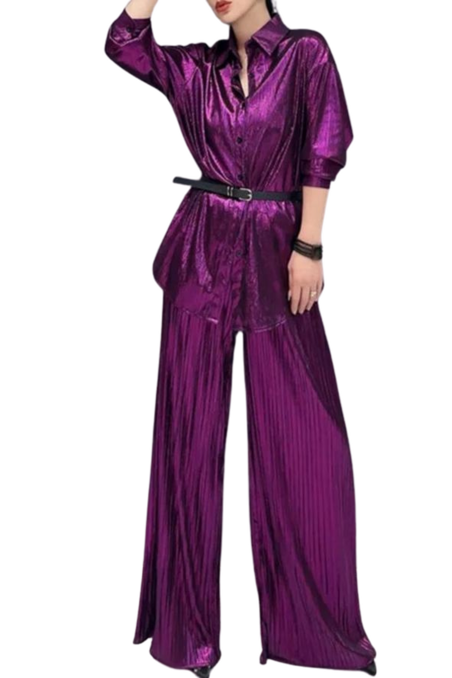 Two Piece Sets Shiny Pleated Long Shirt with Belt Wide Leg Pants High Quality