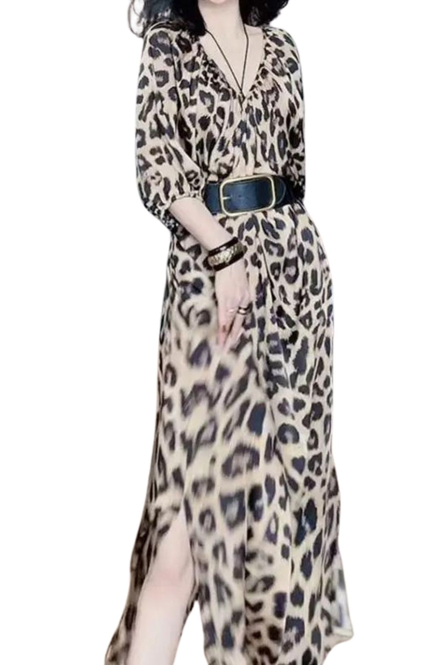 High Quality V Neck Pleated Half Sleeve Leopard Casual Dress