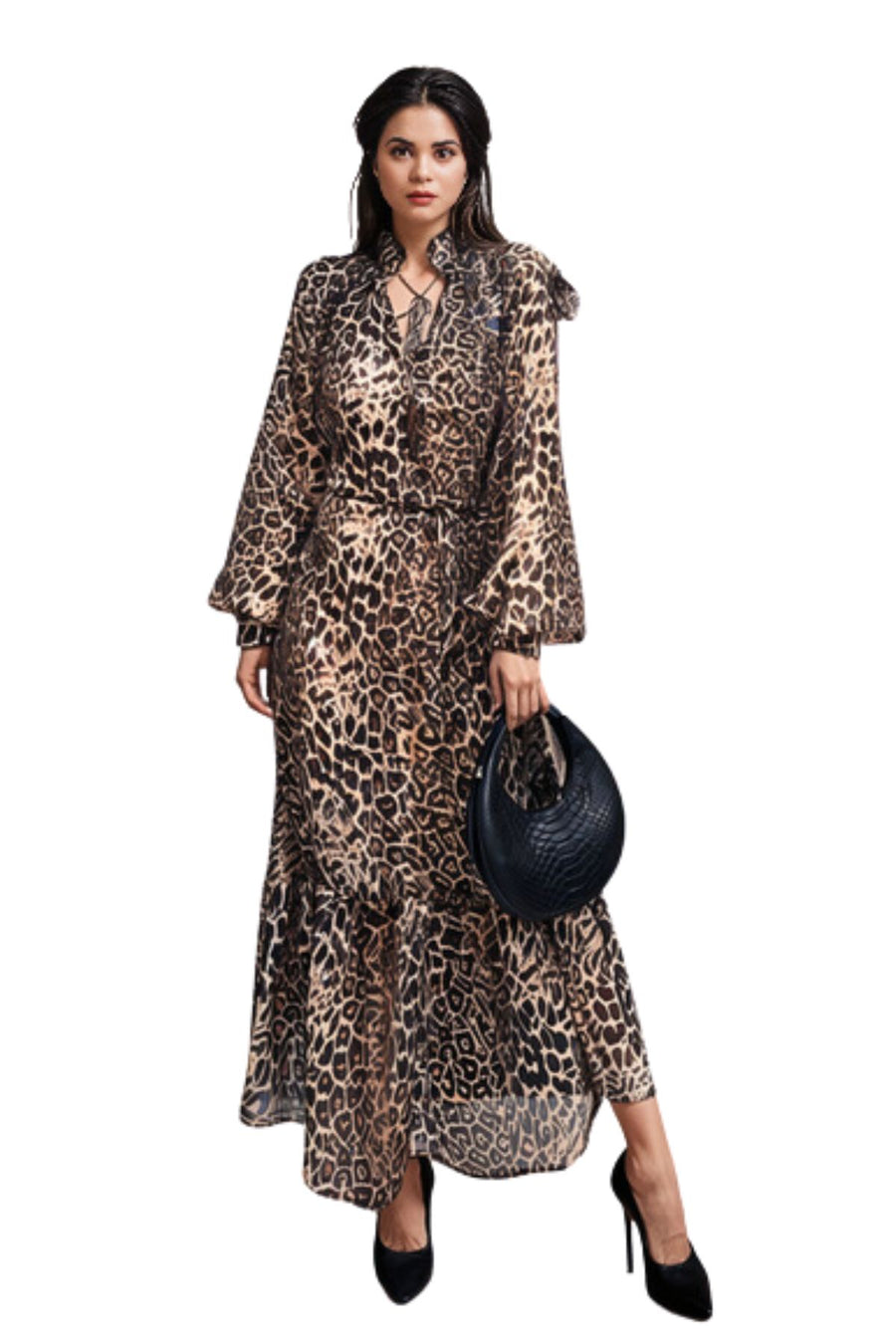 New High Quality Long Sleeve Leopard Print Chiffon Dresses