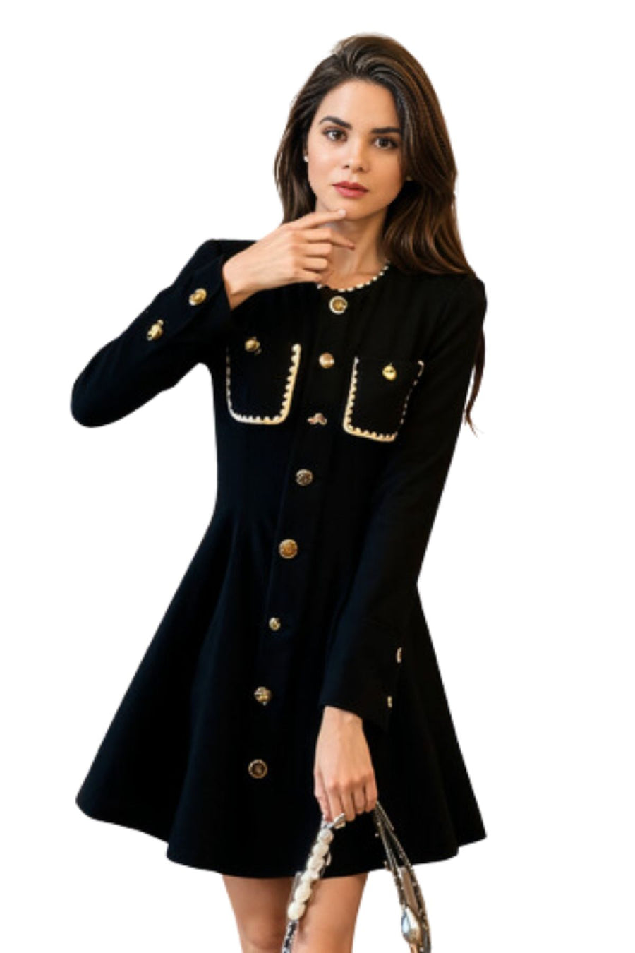 High Quality Round Neck Long Sleeve Elegant Button Patchwork Dresses