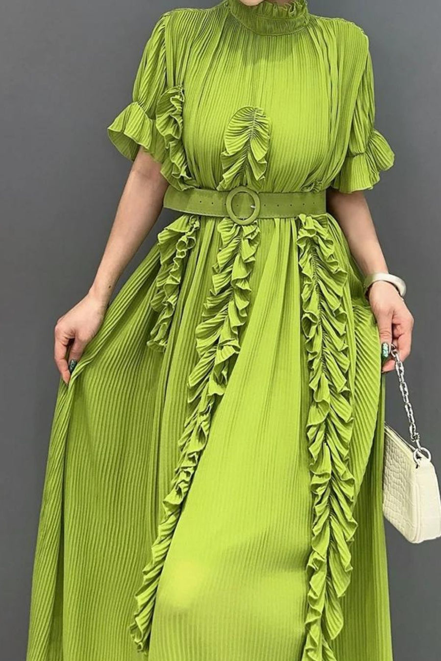 High Quality Ruffle Edge Sleeve Stand Collar Dress