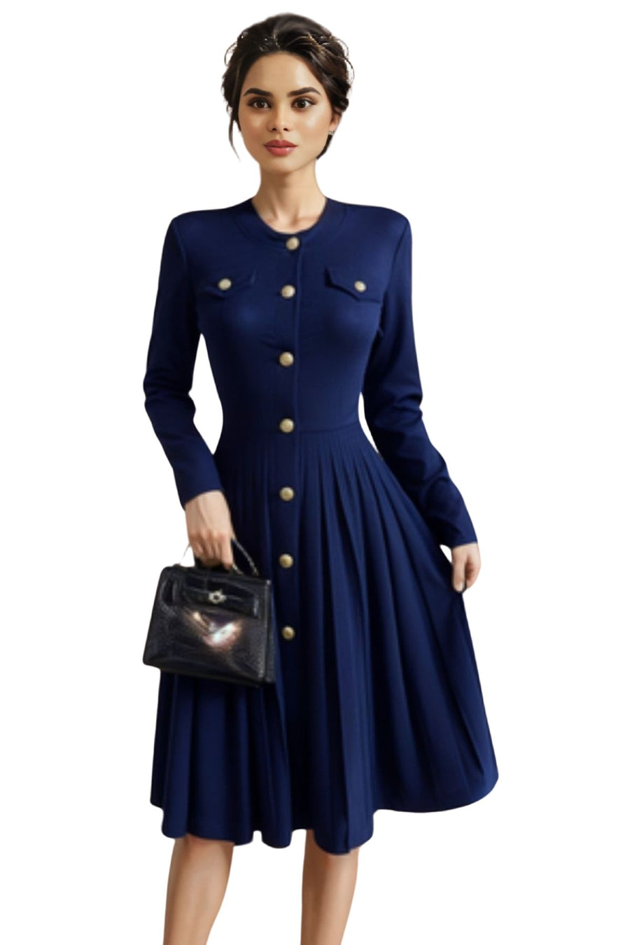 High quality plain pleated long sleeve dress with knee-length buttons