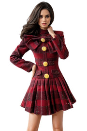 Short Plaid Tweed Dress with Metal Buttons and Big Bow High Quality