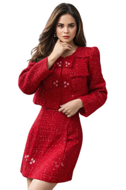 High quality red slim fit short coat+high waist mini skirt tweed two piece set