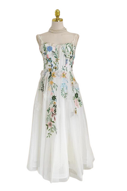 Spaghetti strap dress, colorful flower embroidery, slim mesh, high quality elegant