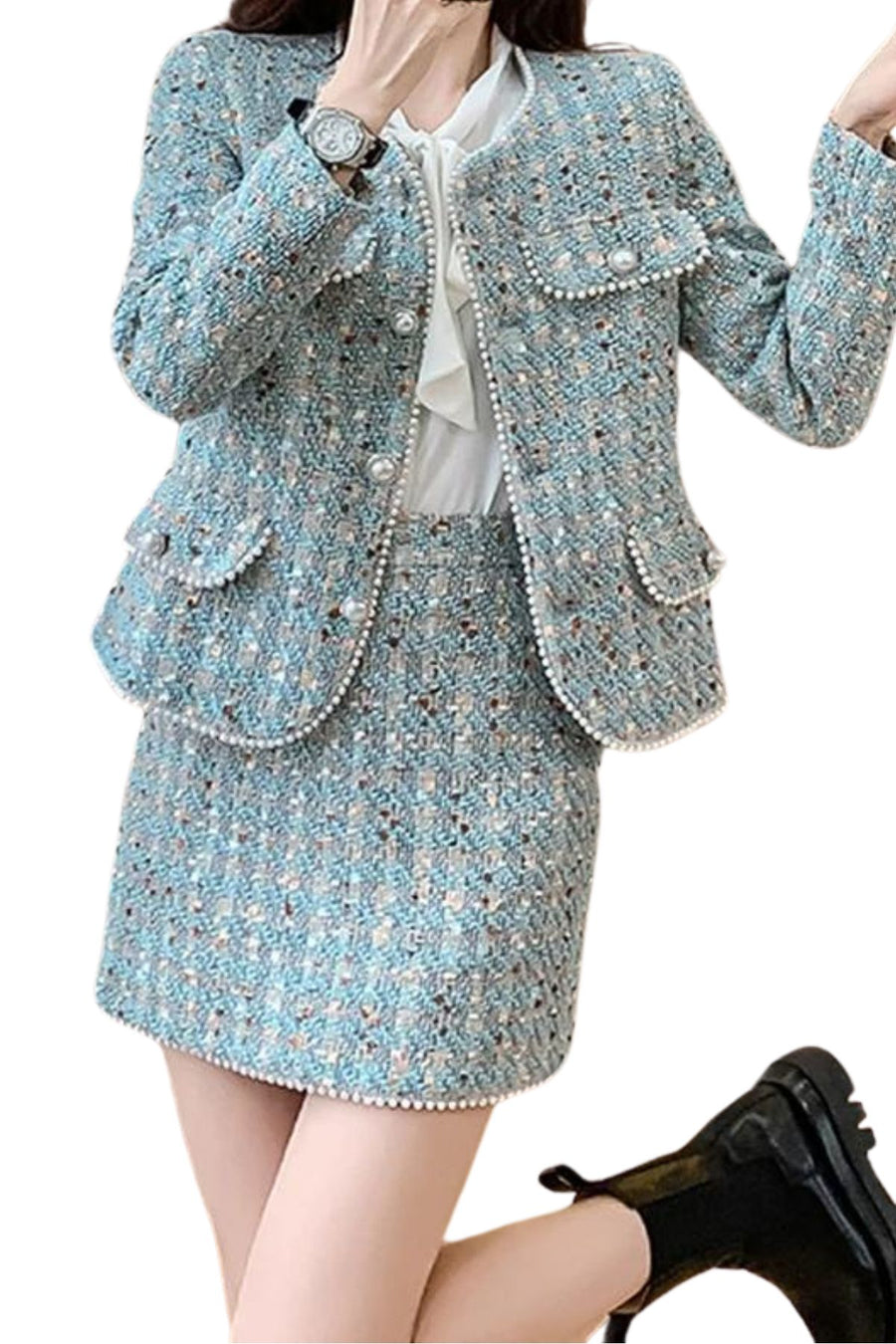 Autumn Winter High Quality New Blue Tweed Two-Piece Set Women Beaded Short Jacket + Mini Skirt Elegant Temperament Chic Suits