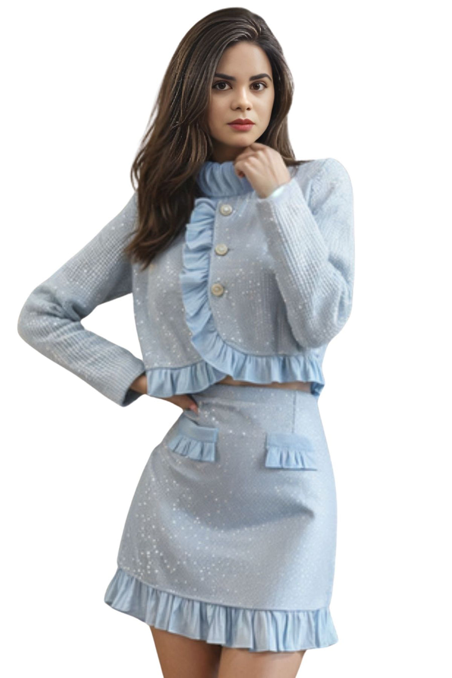 Two-piece tweed set with slim high skirt+high quality ruffled top