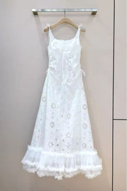 Elegant spaghetti strap openwork lace dress with high quality white lace