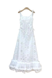 Elegant spaghetti strap openwork lace dress with high quality white lace