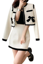 Single Breasted Bow Tweed Short Jacket Coat + Mini Pencil Skirt Two Piece Set High Quality