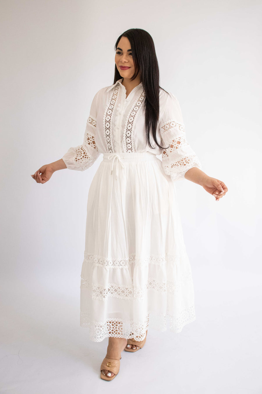 Lantern-sleeved long-sleeved shirt + elastic waist lace splicing hollow-out skirt skirt suit