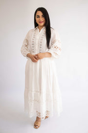 Lantern-sleeved long-sleeved shirt + elastic waist lace splicing hollow-out skirt skirt suit