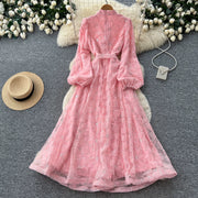 Spring Autumn French High-end Women's Dress New Lace Embroidery Glitter Lantern Sleeve Single Breasted Party Birthday Dress