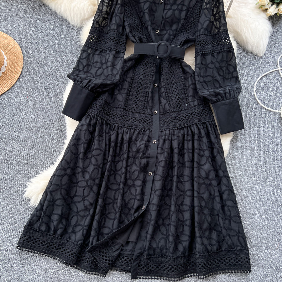 lace dress with embroidery Elegant dress with lace and floral embroidery, high-quality high collar. apricot / M