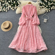 Spring Autumn French High-end Women's Dress New Lace Embroidery Glitter Lantern Sleeve Single Breasted Party Birthday Dress