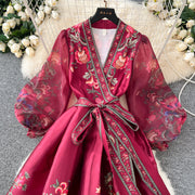 High quality retro floral print thick V-neck puff sleeve chiffon patchwork lace-up wrap satin dress