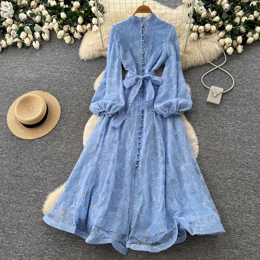 Spring Autumn French High-end Women's Dress New Lace Embroidery Glitter Lantern Sleeve Single Breasted Party Birthday Dress