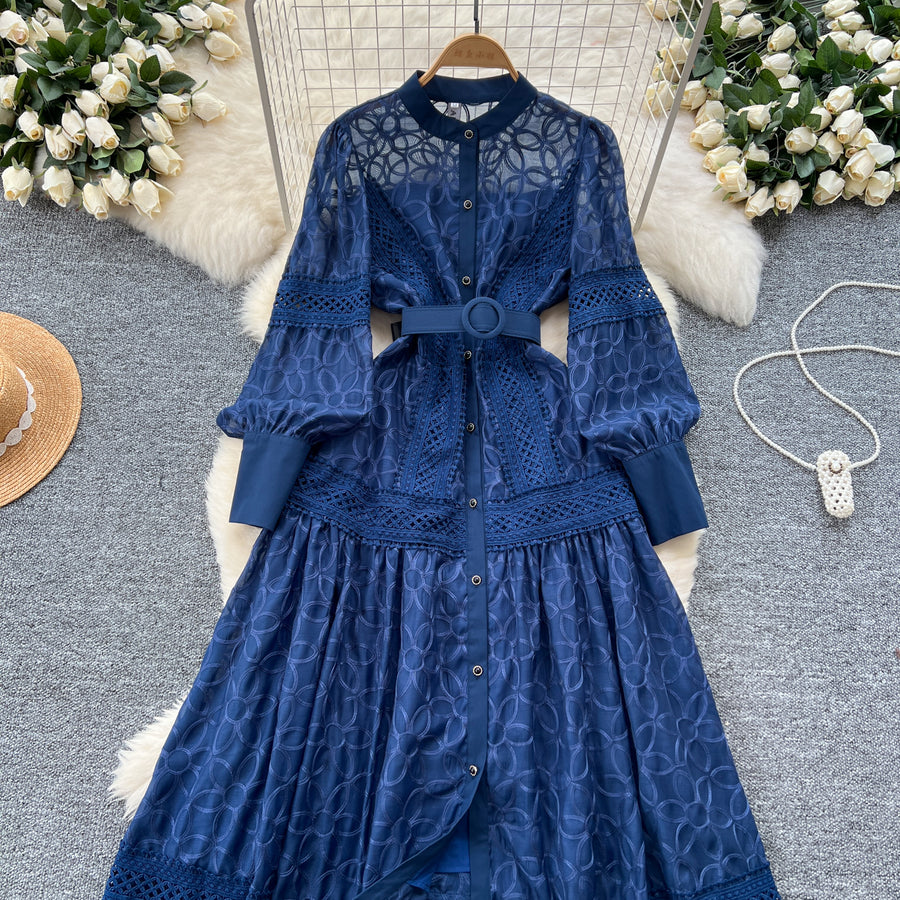 lace dress with embroidery Elegant dress with lace and floral embroidery, high-quality high collar. apricot / M