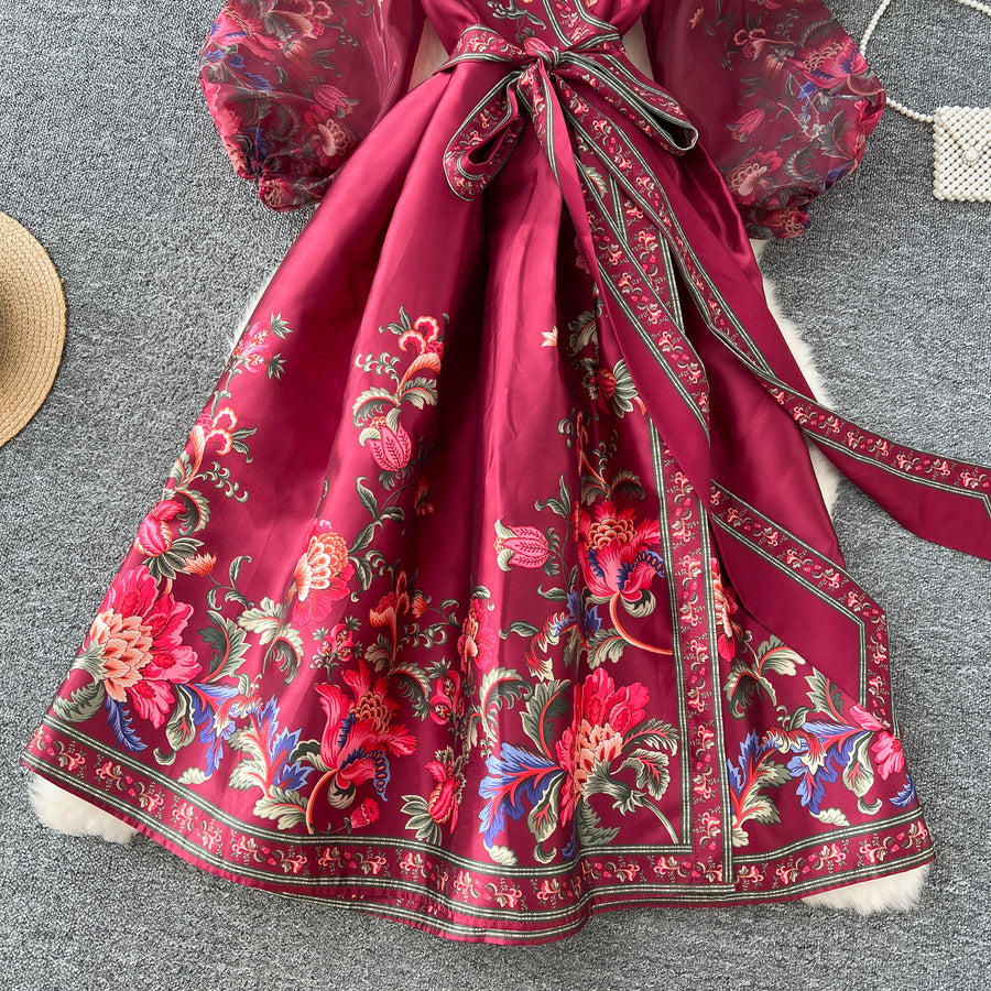 High quality retro floral print thick V-neck puff sleeve chiffon patch – ETERNA High quality retro floral print thick V-neck puff sleeve chiffon patch – ETERNA
