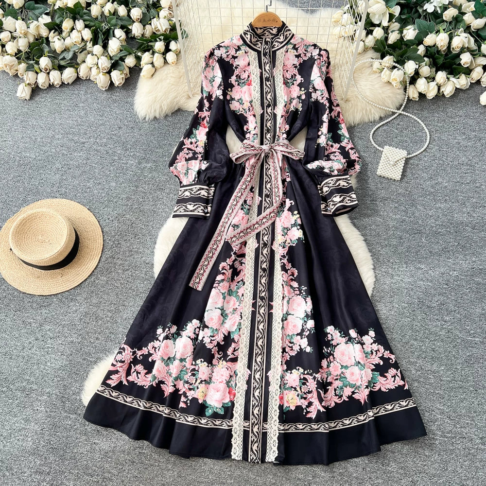 Elegant Lace Spliced Long Printed Dr Women's High Waist Lantern Sleeve Ball Gown Korean Sle Commute Fashion Spring Autumn Ladies
