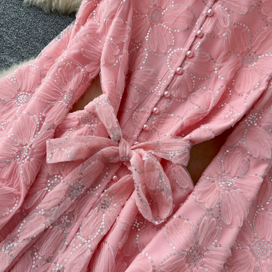 Spring Autumn French High-end Women's Dress New Lace Embroidery Glitter Lantern Sleeve Single Breasted Party Birthday Dress