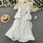 Spring Autumn French High-end Women's Dress New Lace Embroidery Glitter Lantern Sleeve Single Breasted Party Birthday Dress