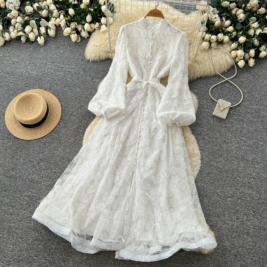 Spring Autumn French High-end Women's Dress New Lace Embroidery Glitter Lantern Sleeve Single Breasted Party Birthday Dress