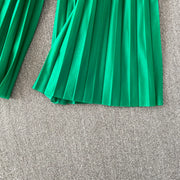 Loose Fit Miyake Style Pleated Matching Suit Women Oversized Bat Sleeve Drawstring Print Tunic + Pleated Wide Leg Pants Set