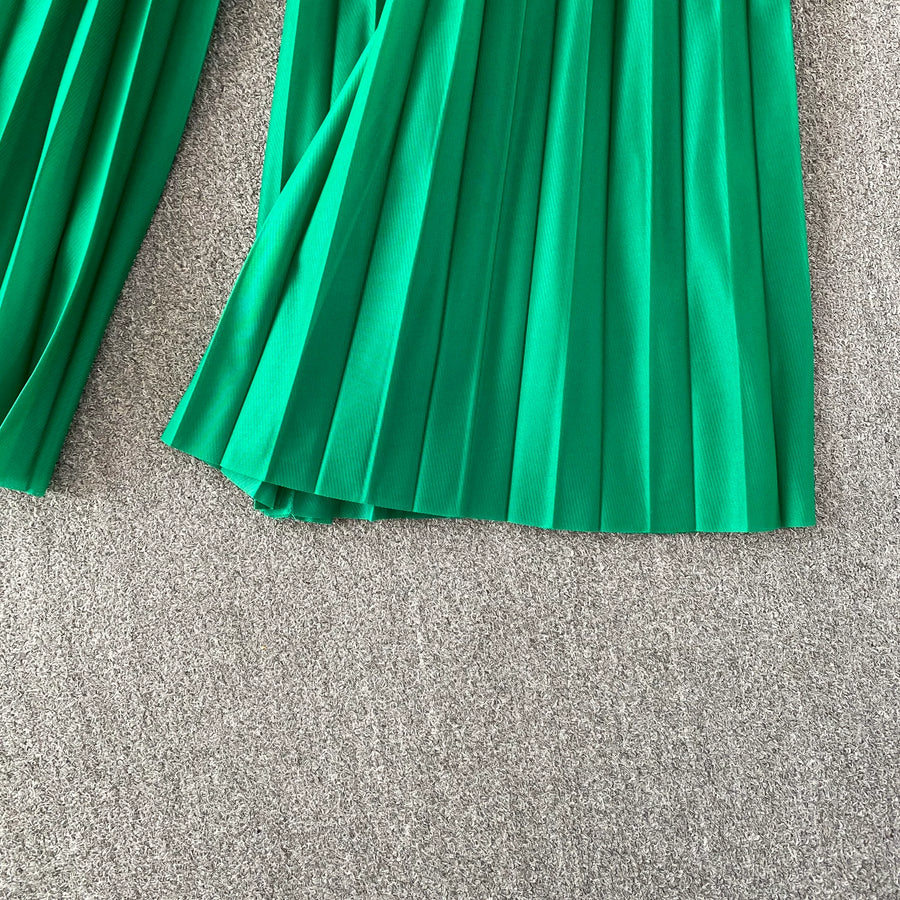 Loose Fit Miyake Style Pleated Matching Suit Women Oversized Bat Sleeve Drawstring Print Tunic + Pleated Wide Leg Pants Set