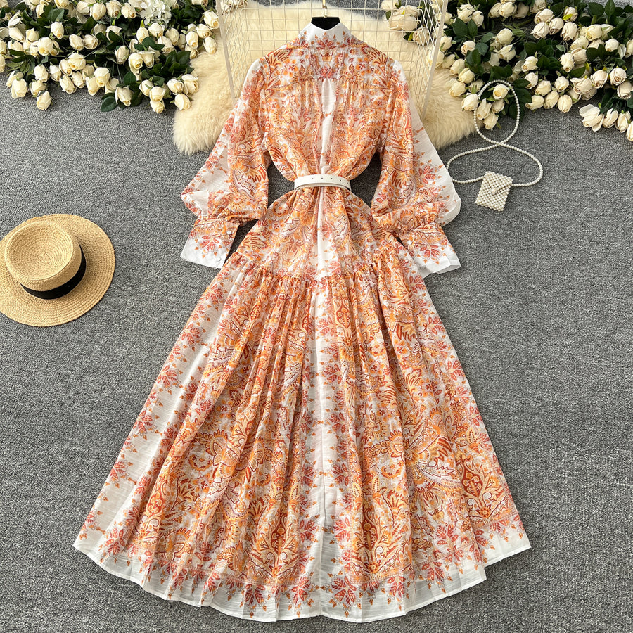 Retro bohemian paisley print dress with long lantern sleeves and high ETERNA Retro bohemian paisley print dress with long lantern sleeves and high ETERNA