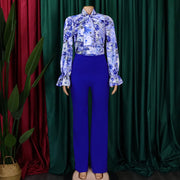 Two Piece Set Printed Blouse, High Waist Pants High Quality