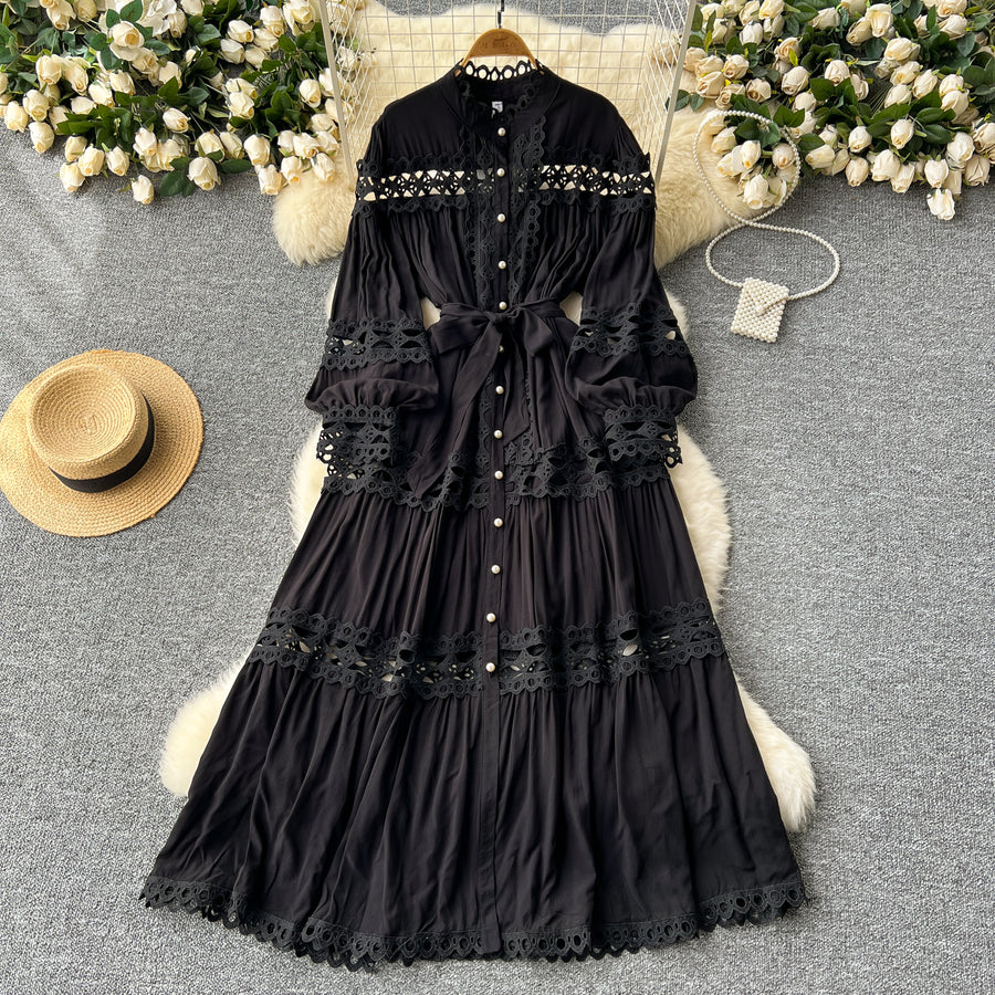 Long dress with embroidery, high neck, flared sleeves with high quality bows