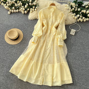 Fashion Women's Embroidery Dresses Stand Collar High Waist Lantern Sleeve Lace Spliced Long Sleeve Elegant Dress Female