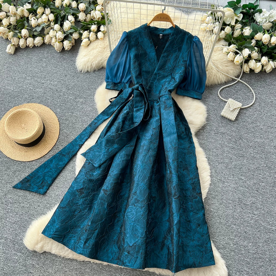 Summer Bohemian Jacquard Flower Long Dress Women V-Neck Short Puff Sleeve Vintage Print Bandage Lace Up Robe Vestidos Clothes