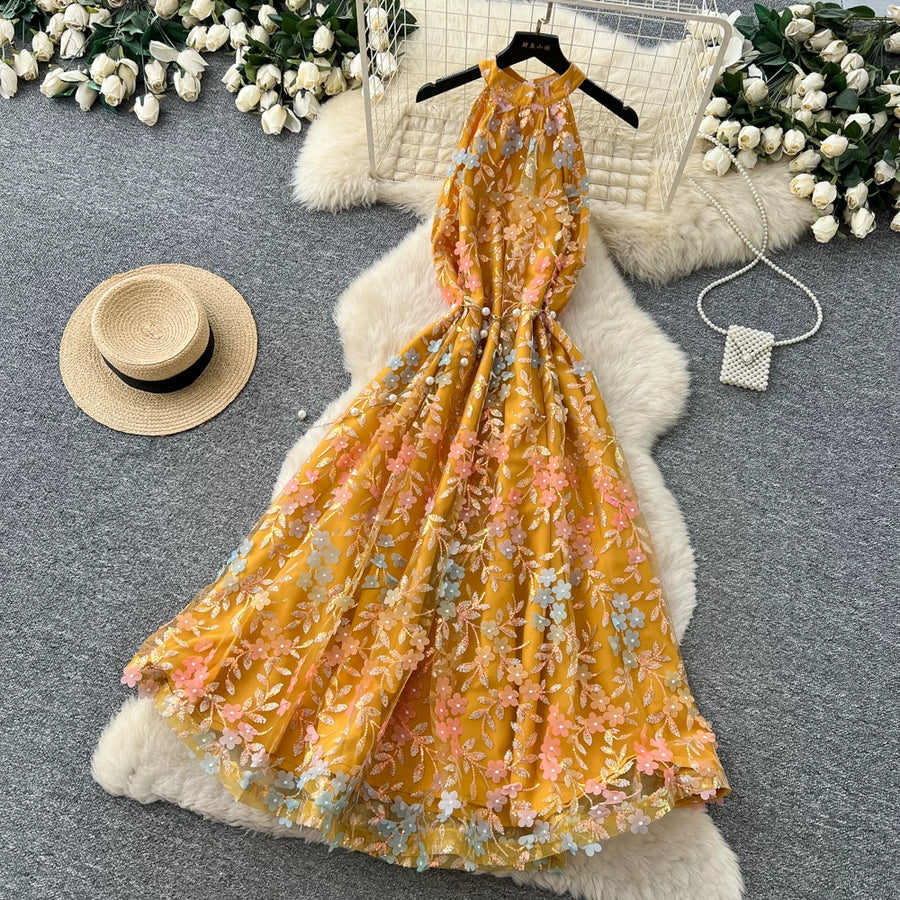 Summer Women's Halter Sleeveless Holiday Dress Luxury Sequins Beading 3D Embroidery Flower Elegant Pearl Belt Party Vestidos