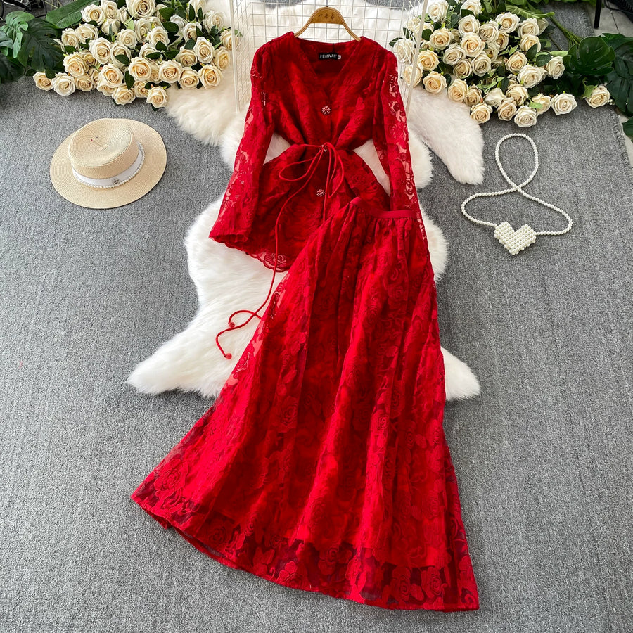 Embroidery Mesh 2 Pieces Set Women Hollow Out Sashes Shirt Tops + Elastic Waist A-Line Long Skirts Suit Autumn Ladies Outfit