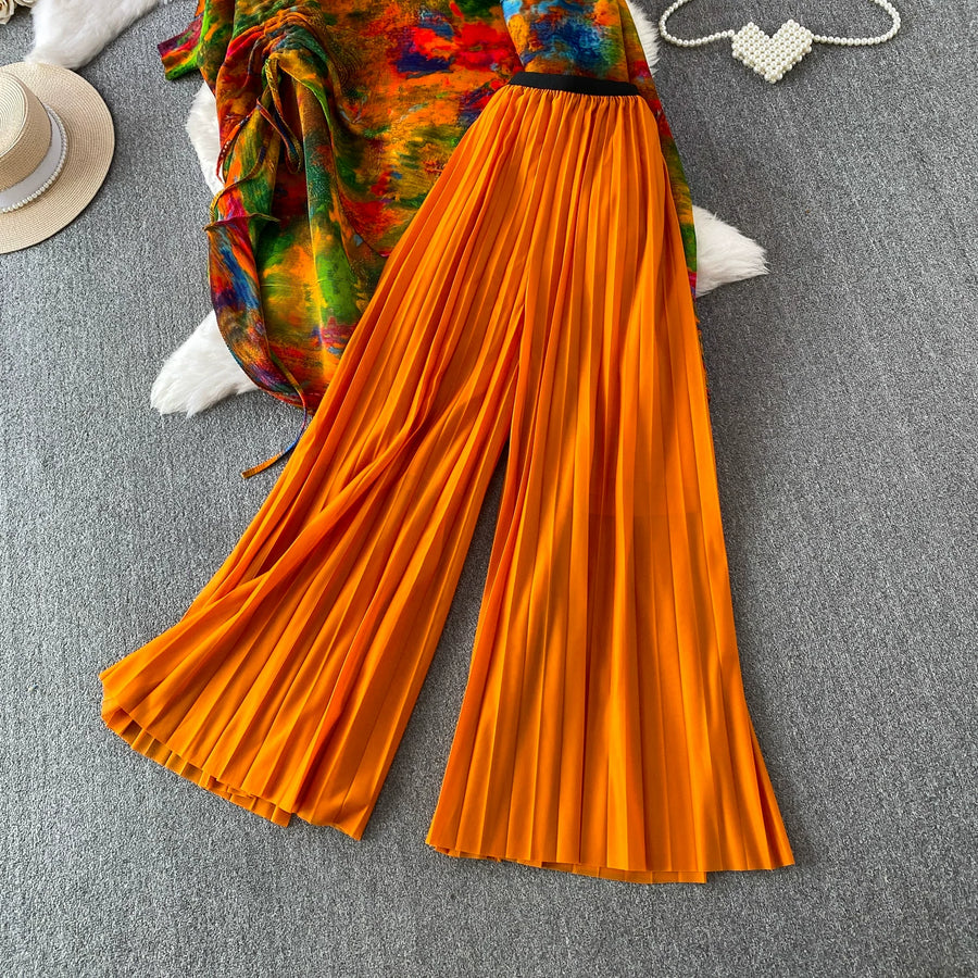 Loose Fit Miyake Style Pleated Matching Suit Women Oversized Bat Sleeve Drawstring Print Tunic + Pleated Wide Leg Pants Set