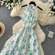 Summer Women's Halter Sleeveless Holiday Dress Luxury Sequins Beading 3D Embroidery Flower Elegant Pearl Belt Party Vestidos