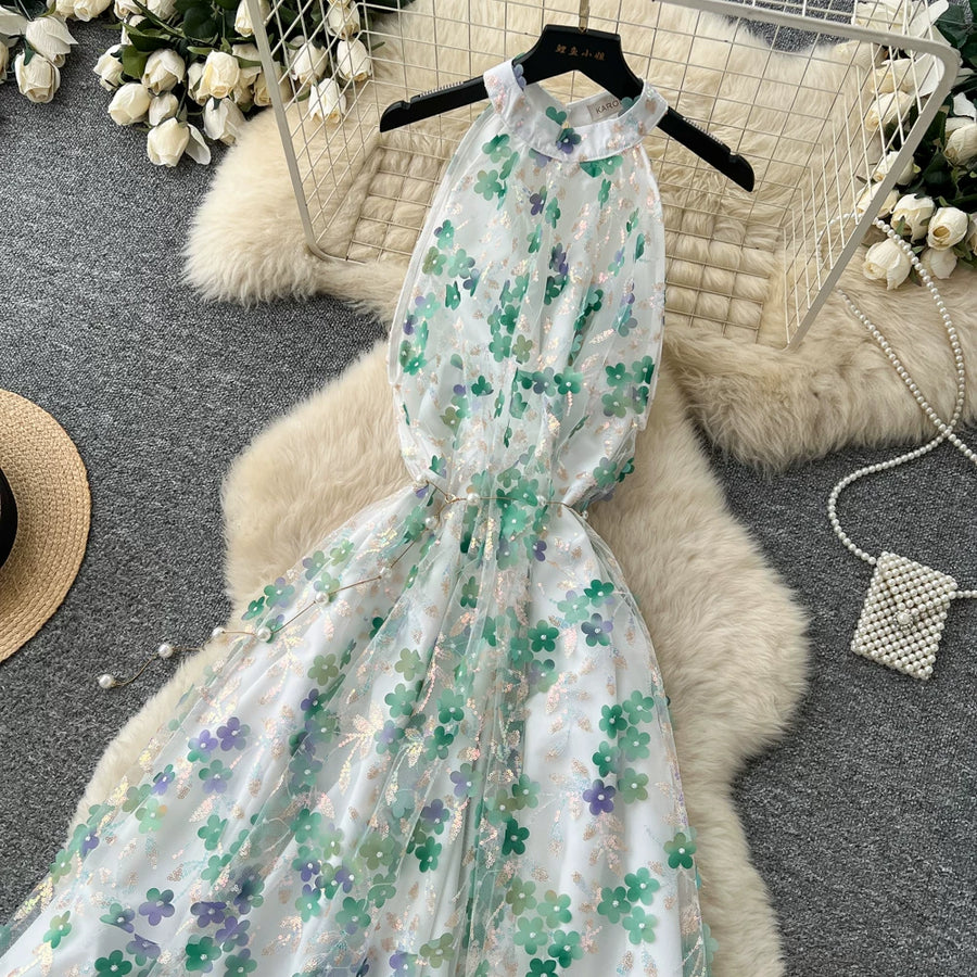 Summer Women's Halter Sleeveless Holiday Dress Luxury Sequins Beading 3D Embroidery Flower Elegant Pearl Belt Party Vestidos