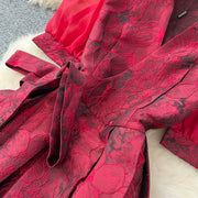 Summer Bohemian Jacquard Flower Long Dress Women V-Neck Short Puff Sleeve Vintage Print Bandage Lace Up Robe Vestidos Clothes